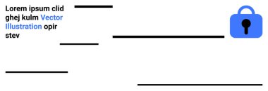 Mavi kilit simgesi soyut metin satırlarının yanında güvenliği gösteriyor. Gizlilik, siber güvenlik, veri koruması, güvenli iletişim, teknoloji hizmetleri, çevrimiçi güvenlik ve ağ güvenliği için ideal