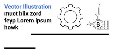 Dişliler ve bitcoin sembolleri bağlantı olduğunu gösteriyor. Teknoloji, finans, engelleme zinciri, kripto para, mühendislik, otomasyon ve dijital pazarlama için ideal. İniş sayfası