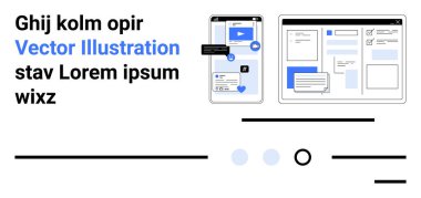 Örnek metin ögeleri, sosyal medya simgeleri ve modern düzen ile mobil ve masaüstü kullanıcı arayüzleri. Kullanıcı deneyimi, UI tasarımı, dijital arayüz, grafik tasarımı, web geliştirme, mobil