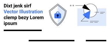 Mavi kilide sahip kalkan simgesi, stilize metin elemanları, soyut geometrik şekiller ve çizgiler. Siber güvenlik, veri koruması, teknoloji, dijital medya, bilgi grafikleri, sunumlar için ideal