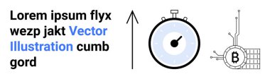Devre kartındaki kronometre, yukarı doğru ok ve Bitcoin zamanlama, büyüme ve dijital para birimini temsil ediyor. Finans, teknoloji, kripto para birimi, zaman yönetimi, iş büyümesi, dijital