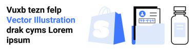 İçinde kişisel bilgiler ve ilaç şişesi olan bir evrak klasörünün yanında mavi bir alışveriş çantası. Sağlık, çevrimiçi alışveriş, kişisel veriler, organizasyon ve e-ticaret için ideal. İniş sayfası
