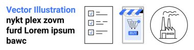 Üç eşyası olan kontrol listesi, alışveriş arabası simgesi olan cep telefonu ve tentenin altında satın alma düğmesi, fabrika sembolü. E-ticaret, organizasyon, sanayi, teknoloji, ticaret, yönetim için ideal
