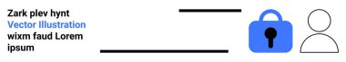 Güvenliği temsil eden mavi simge ile kilitle, siyah kullanıcı profili çevrimiçi hesabı simgeler ve bilgiyi gösteren metin. Siber güvenlik, gizlilik politikaları, giriş yetkilendirmesi için ideal, çevrimiçi