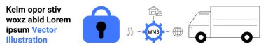 Kilit sembolü, WMS, bağlantı simgeleri ve güvenli ve verimli depo yönetimini temsil eden teslimat kamyonu. Lojistik, tedarik zinciri, ulaşım, güvenlik ve teknoloji için ideal