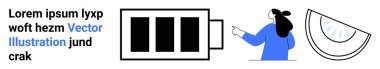 Batarya tutucu metin ve yarı daire diyagramı olan minimalist tarzda bir kadın. Teknoloji, enerji, sunumlar, bilgi grafikleri, eğitim materyalleri, kullanıcı arayüzleri için ideal