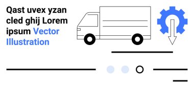 Yük kamyonu ikonu ve oklu mavi dişli. Siyah-mavi mesaj. Minimalist tasarım otomasyon, lojistik ve verimliliğe odaklanıyor. Teslimat hizmetleri, teknolojik çözümler, nakliyat, iş için ideal