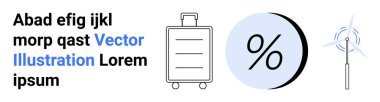 Illustration with a suitcase, percentage symbol in a blue circle, and wind turbine. Ideal for travel, tourism, sustainability, eco-friendly travel, renewable energy, savings, and finance. Landing clipart