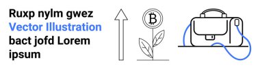 Bitcoin para yetiştirme bitkisi, yukarı doğru ok, şık bir çanta ve metin. Finans, kripto para birimi, yatırım, teknoloji, bloglar, eğitim içeriği başlatma sayfası için ideal