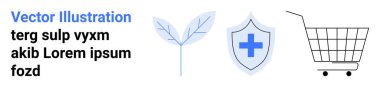 Alışveriş arabası, tıbbi haçlı kalkan ve yaprak ikonları. E-ticaret, sağlık, çevre dostu, güvenli alışveriş, tıbbi hizmetler, çevrimiçi sağlık ve sürdürülebilirlik konuları için ideal. İniş afişi