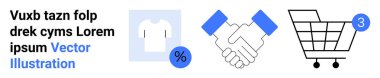 Tişört, el sıkışma, indirim etiketi, tebligat sembollü alışveriş arabası. Çevrimiçi alışveriş, e-ticaret, müşteri anlaşmaları, perakende tanıtımlar, iş ortaklıkları, dijital pazarlar, web mağazaları için ideal