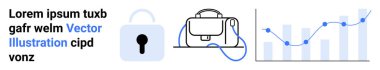 Kilit sembolü, sırt çantası, yükselen grafik, lorem ipsum metni. Veri güvenliği, eğitim, iş analizi, finans, teknoloji, siber güvenlik bilgi indirme sayfası için ideal