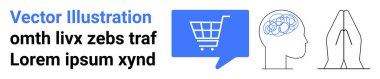 Konuşma balonunda alışveriş arabası, beyin silueti ve dua eden eller e-ticareti, bilişsel süreçleri ve farkındalığı ön plana çıkarıyor. E-ticaret siteleri, ruh sağlığı hizmetleri ve farkındalık için ideal