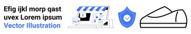 Ambalajlı mağaza önü, işaretli kalkan, spor ayakkabı taslağı. E-ticaret, online alışveriş, güvenlik, teslimat, perakende satış, ayakkabı, web siteleri için ideal. Modern, minimalist tasarım İniş sayfası