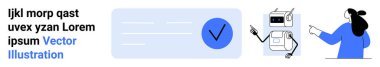 Mavi işaretli dijital arayüzün yanındaki robotu gösteren kadın figürü. Teknoloji, yapay zeka, otomasyon, programlama, robot bilimi, yenilik, kullanıcı etkileşimi için ideal. İniş sayfası için pankart