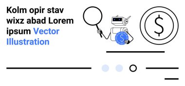 Robotik kol büyüteç, dairenin içinde para birimi sembolü, minimalist çizgiler ve metin. Finansal analiz, otomasyon, yapay zeka, fintech, dijital bankacılık, ekonomik inceleme, veri