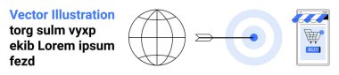 Küresel erişimi temsil eden küre, mavi bir hedefe isabet eden ok, alışveriş arabası satın alma düğmesiyle çevrimiçi mağaza. Pazarlama, küresel erişim, e-ticaret, strateji planlaması, SEO, hedef pazar