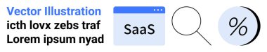 SaaS tarayıcı penceresi, büyüteç, ve yer tutucu metin ve renkli etiketlerin yanında yüzde simgesi. SaaS, analitik, pazarlama, finans, teknoloji, veri araştırması ve web tasarımı için ideal