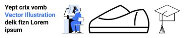Bilgisayarda çalışan dijital sanatçı, minimalist ayakkabı ikonu, mezuniyet şapkası. Eğitim, moda, teknoloji, dijital sanat, çevrimiçi kurslar, yaratıcı endüstri, web siteleri için ideal. İniş sayfası