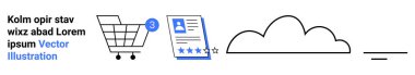 Tebligat kartlı alışveriş arabası, yıldız reytingli bir inceleme belgesi ve bir bulut simgesi. E-ticaret için ideal, çevrimiçi değerlendirmeler, bulut hesaplama, dijital depolama, müşteri geribildirimi, İnternet