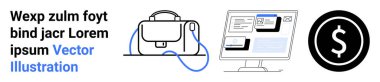 İş çantası, web tasarımlı bir masaüstü bilgisayarı ve bir dolar sembolü. İş, finans, web tasarımı, e-ticaret, ofis işleri, kurumsal sunumlar, çevrimiçi hizmetler için ideal. İniş sayfası