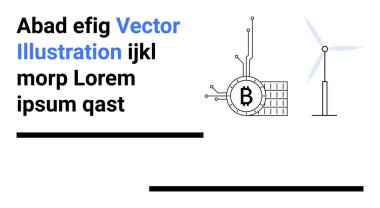 Bitcoin sembolü, rüzgar türbininin yanında, teknoloji elementleriyle bütünleşti. Finans, teknoloji, yenilenebilir enerji, kripto para birimi, engelleme zinciri, sürdürülebilir kalkınma ve teknoloji için ideal