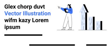 İş kadını, elinde bir bar çizelgesinin yanında yükselen trend çizgileriyle pano tutarken işaret ediyor. İş sunumları, blog gönderileri, pazarlama, finans, analiz, strateji ve şirket için ideal