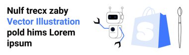 Dost canlısı robot, S logolu mavi alışveriş çantası ve bilgi veren metnin yanında boya fırçası. Teknoloji, e-ticaret, eğitim, yaratıcılık ve dijital pazarlama için ideal. İniş sayfası