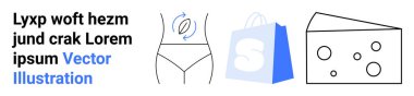 Bikini, alışveriş torbası ve peynir üzerindeki geri dönüşüm çemberinin simgeleri. Sürdürülebilir moda, çevre dostu alışveriş, sağlıklı yaşam, gıda endüstrisi ve refah eğilimleri için ideal. İniş
