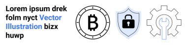Bitcoin sembolü, kilidi olan kalkan ve kripto para birimi, güvenlik ve teknik desteği temsil eden anahtar teçhizat. Fintech, engelleme zinciri, siber güvenlik, bakım, destek, finansal