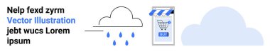 Yağmur damlalı bulut, alışveriş arabalı akıllı telefon ve satın alma düğmesi, mavi bulutlu arka plan. Hava durumu uygulamaları, çevrimiçi mağaza afişleri, e-ticaret, dijital pazarlama, kullanıcı arayüzü, web tasarımı için ideal