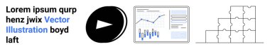 Play button, text, data charts, and puzzle elements. Ideal for business analysis, data visualization, mentorship, strategic planning, growth, solving problems, digital marketing Landing page clipart