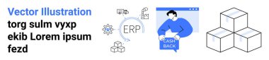 ERP teçhizatı, nakit para ikonu, kutular ve lojistik unsurlar görünür. E-ticaret, finans, lojistik, ERP sistemleri, depolar, envanter yönetimi, iş siteleri İniş sayfası için ideal