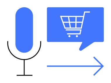 Alışveriş arabası görüntüsü ve sağa doğru ok içeren konuşma baloncuklu mikrofon simgesi. E-ticaret için ideal, ses asistanları, çevrimiçi alışveriş, perakende teknolojisi, dijital pazarlama, müşteri