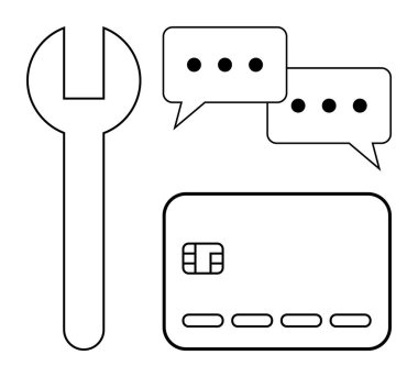 Kredi kartının ve elipsli konuşma baloncuklarının yanında anahtar var. Teknik destek, müşteri hizmetleri, finansal yardım, çevrimiçi işlemler, iletişim, araçlar ve bakım için ideal. Çizgi