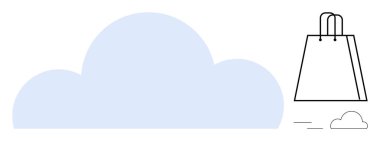 Bulut şekli alışveriş çantasına bağlı dijital işlemleri, bulut deposunu ve çevrimiçi perakendeciyi temsil ediyor. E-ticaret, dijital pazarlama, çevrimiçi mağaza yönetimi, bulut hizmetleri, veri