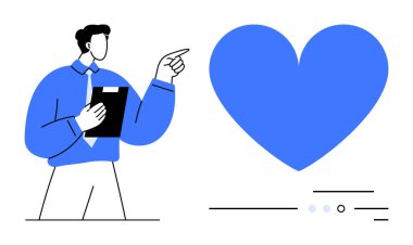 Elinde pano tutan adam büyük mavi kalbi işaret ediyor. Sağlık hizmetleri, müşteri memnuniyeti, sosyal medya, eğitim, danışmanlık, ilişki geliştirme, pazarlama kampanyaları için idealdir. Satır metaforu