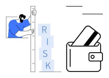 Elinde dikey bir cetvel olan bir adam içinde kredi kartı olan bir cüzdanın yanında RISK yazılıyor. Finans, bütçe, yatırım, bankacılık, risk yönetimi, kişisel finans, iş için ideal