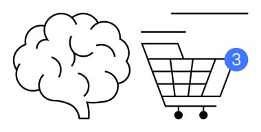 Beyni, üç maddeyi işaret eden bir alışveriş arabasının yanında. Çevrimiçi alışveriş, e-ticaret, pazarlama, tüketici davranışı, bilişsel süreçler, teknoloji, eğitim için ideal