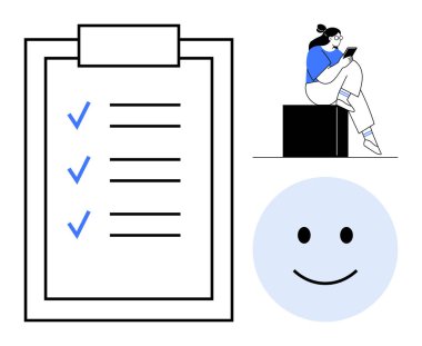 Dosyada tamamlanmış kontrol listesi, blokta tableti olan bir kadın ve kocaman mutlu bir yüz. Üretkenlik, hedef belirleme, tatmin, görev yönetimi, organizasyon, başarı motivasyonu için ideal