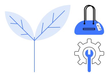 Damar detaylarıyla büyüyen yaprak etiketli mavi el çantası ve ingiliz anahtarı ile donanım. Sürdürülebilirlik, moda, teknoloji, çevre dostu ürünler, büyüme yeniliklerini onarmak için ideal. Satır metaforu