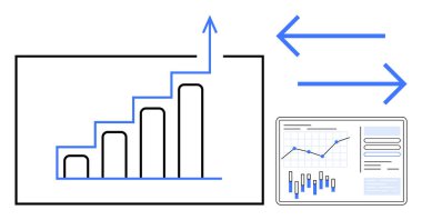 Oklar ve analitiği gösteren dijital tablet ile yukarı doğru eğilimi gösteren çubuk grafik. Finans, iş büyümesi, veri analizi, dijital pazarlama, mali yönetim, stratejik