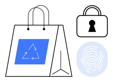 Geri dönüşüm logosuna sahip alışveriş çantası, asma kilit, parmak izi ikonu çevre dostu olmayı ve güvenliği destekliyor. E-ticaret, çevre bilinci, veri koruması, sürdürülebilir uygulamalar ve teknoloji için ideal