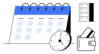 Kartlı takvim, saat ve cüzdan zaman yönetimi, organizasyon ve işlemleri temsil ediyor. Verimlilik, planlama, yönetim finans planlama ve bankacılık bürosu için ideal. Satır metaforu