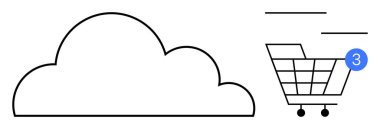 Bir alışveriş arabasının yanında bulut depolama ikonu ve üç öğe gösteren bir uyarı rozeti var. E-ticaret, dijital alışveriş, bulut hizmetleri, çevrimiçi işlemler, internet teknolojisi, dijital
