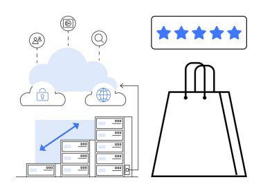 Bağlantı simgeleri, veri tabanları ve güvenliği temsil eden bulut. Büyüme oku olan sunucular. Alışveriş torbası ve yıldız derecesi. E-ticaret, bulut depolama, teknoloji ve müşteri için ideal