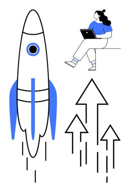 Dizüstü bilgisayarı, roketatar ve yukarı doğru ok atan bir kadın. Ticari büyüme, girişim başarısı, kişisel gelişim, yenilik, teknolojik ilerleme, kariyer ilerlemesi, finansal gelişim için ideal