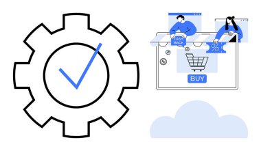 E-ticaret sitesinin yanında mavi çekli büyük teçhizat. İçinde alışveriş arabası, nakit para teklifi ve yüzde işareti var. Çevrimiçi alışveriş, e-ticaret platformları, dijital pazarlama ve tüketici için ideal