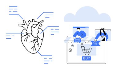 Bağlayıcı hatlar, bilgisayar ekranları ve çevrimiçi alışveriş elemanlarıyla oluşan kalp diyagramı, teknolojilerin sağlık ve ticaretteki rolünü tasvir etmektedir. Dijital sağlık, tıbbi teknoloji, e-ticaret, fintech, kullanıcı için ideal