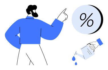 Adam bir eliyle yüzde sembolünü, diğer eliyle de sulama kutusunu işaret ediyor. Finansal büyüme, yatırım stratejileri, iş geliştirme, ekonomik iyileşme, kâr maksimize etme için ideal